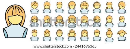 Wig icons set outline vector. Woman hair. Girl style thin line color flat isolated