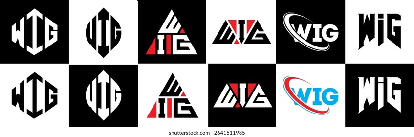 WIG letter logo design in six style. WIG polygon, circle, triangle, hexagon, flat and simple style with black and white color variation letter logo set in one artboard. WIG minimalist and classic logo