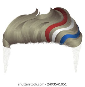 A wig made of light blond men's hair with color dyeing. The flag is blue, white, red.