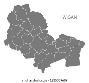 Wigan city map with wards grey illustration silhouette shape
