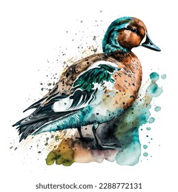 Wigeon bird watercolor paint, white background, wigeon bird illutration.