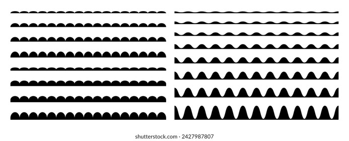 Bordes ondulados, franjas de vieiras, divisores ondulados, trazos ondulados, pinceles curvos aislados sobre fondo blanco. Patrón de squiggle sin costuras. Elementos decorativos sinuosos. Ilustración gráfica vectorial.