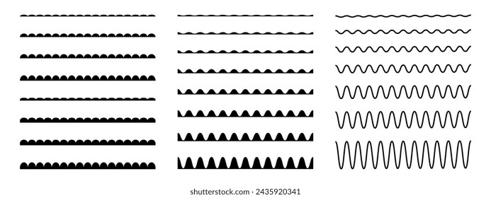 Bordes ondulados, rayas de vieiras, líneas onduladas, trazos ondulados, pinceles ondulados aislados sobre fondo blanco. Patrón curvo sin costuras. Elementos decorativos de formas de onda. Ilustración gráfica vectorial.