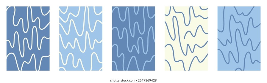Padrão de vetor de doodle infantil ondulado definido com fundos de creme azul pastel macio. Mão funky irregular desenhada fluindo linhas onduladas. Groovy movimento orgânico distorcido elementos de arte abstrata em transparente