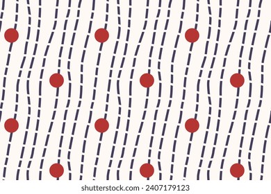 Wiggly lines pattern dashed lined background abstract motif. Seamless stitch texture small red dots colorful ornament graphic fabric style. Casual repeating textile design template, brown, white color