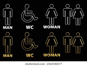 Wight and golden line art vector men's and women's disabled restroom signage set