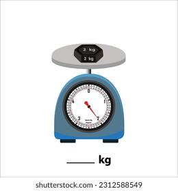 Wight stone 2kg on weighing scale, isolate on white background. Weight balance vector illustration. Equilibrium comparison sign business concept. Food weight kitchen illustration.