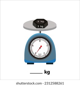 Wight stone 3kg on weighing scale, isolate on white background. Weight balance vector illustration. Equilibrium comparison sign business concept. Food weight kitchen illustration.