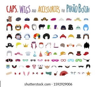 Wigs, hats, caps, glasses, beards and mustaches, and other cute accessories. Set of funny stickers.