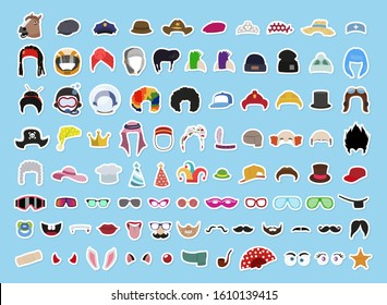 Wigs, hats, caps, glasses, beards and mustaches, and other cute accessories. Set of funny stickers.