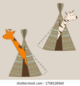 wigwam, hand drawing, Cute hand drawn  illustration with wigwam in scandinavian style. home of the Indians