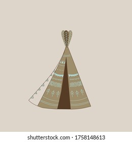 wigwam, hand drawing, Cute hand drawn  illustration with wigwam in scandinavian style. home of the Indians