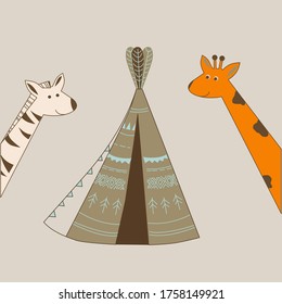 wigwam, hand drawing, Cute hand drawn  illustration with wigwam in scandinavian style. home of the Indians