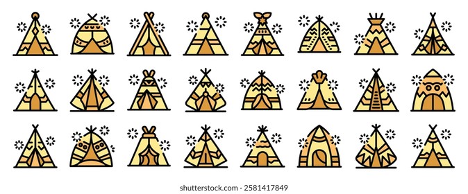 Wigwam icons set. Outline set of wigwam vector icons thin line color flat isolated on white background