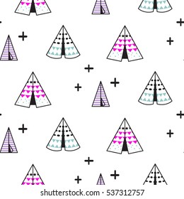 Wigwam kid vector white minimalistic seamless pattern.
