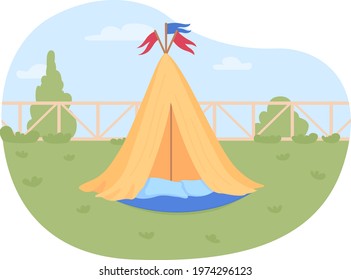 Wigwam For Kids In Backyard 2D Vector Web Banner, Poster. Homemade Teepee Flat Object On Cartoon Background. Sleepover Party. Child Playhouse. Play Tent In Garden Printable Patch, Colorful Web Element