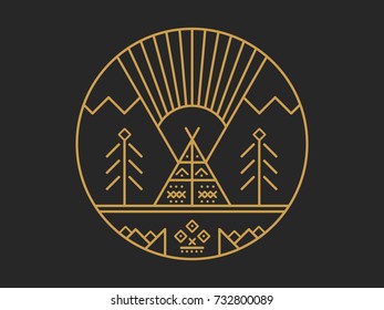 Wigwam, mountains, sun, fire, trees. The coin design or logo