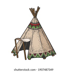 Wigwam Native American tribes hut house color sketch engraving vector illustration. T-shirt apparel print design. Scratch board imitation. Black and white hand drawn image.