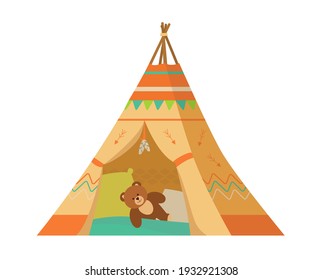 Wigwam With Pillows And Teddy Bear Inside Flat Vector Illustration. Kids Room Interior Element. Isolated On White.