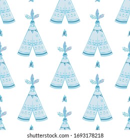 Wigwam seamless pattern in doodle style on white background. Hand drawn teepee ethnic wallpaper. Apache Indian tribal tent backdrop. Boho style. Vector illustration. 