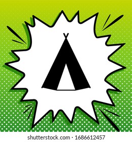 Wigwam sign. Black Icon on white popart Splash at green background with white spots. Illustration.