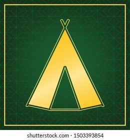 Wigwam sign. Golden icon with gold contour at dark green gridded white background. Illustration.