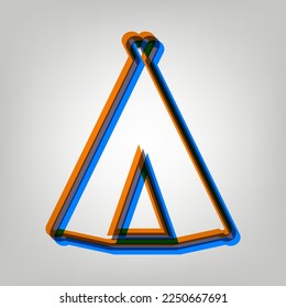 Wigwam sign. Stroked Icon in orange, azure and old lavender Colors at gray Background. Illustration.