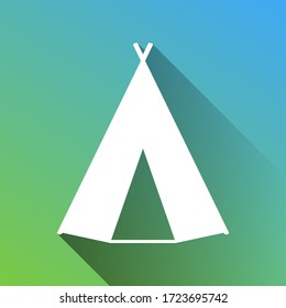Wigwam sign. White Icon with gray dropped limitless shadow on green to blue background. Illustration.