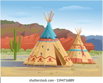 Wigwam and tipi Indians in the mountains of America. Vector illustration