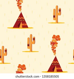 Wigwams and cacti. Vector seamless pattern.
