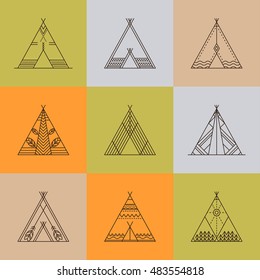 Wigwams with ornamental elements. Line style. Boho elements. Vector illustration