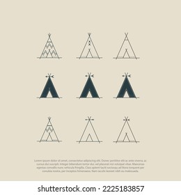 Wigwam,Teepee, tribes, tribal house,  the Native American traditional tent, aboriginal, set of line art symbols for logo design and lettering in boho and hipster style, logo design vector