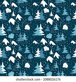 Wihter landscape with new year tree, mountains and snowflakes seamless pattern. Vector illustration.