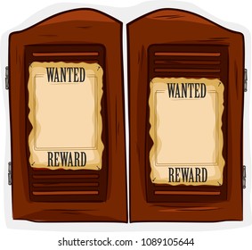 Wiid West saloon door with wanted posters in cartoon style. Traditional american culture signs, cowboys equipment and accessories vector illustration.