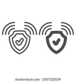 Wiireless secure connection point line and solid icon, data protection concept. Vector graphics. Shield, safety emblem with waves sign on white background, outline style icon for mobile or web design