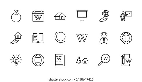 Wikipedia's birthday Set Line Vector Icon. Contains such Icons as Wikipedia, Open Book, Teacher, Blackboard, Pointer, Web Globe, Directory, Search, Lamp, Calendar. Editable Stroke. 32x32 Pixel Perfect