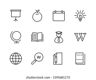 Wikipedia's birthday Set Line Vector Icon. Contains such Icons as Wikipedia, Open Book, Teacher, Blackboard, Pointer, Web Globe, Directory, Search, Lamp, Calendar. Editable Stroke. 32x32 Pixel Perfect