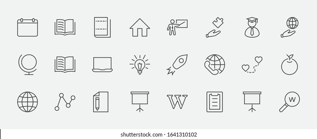 Wikipedia's birthday Set Line Vector Icon. Contains such Icons as Wikipedia, Open Book, Teacher, Blackboard, Pointer, Web Globe, Directory, Search, Lamp, Calendar. Editable Stroke. 32x32 Pixels
