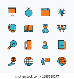 Wikipedia's birthday Set Line Vector Icon. Contains such Icons as Wikipedia, Open Book, Teacher, Blackboard, Pointer, Web Globe, Directory, Search, Lamp, Calendar. Editable Stroke. 32x32 Pixel Perfect