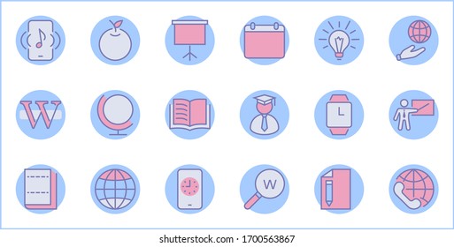 Wikipedia's birthday Set Line Vector Icon. Contains such Icons as Wikipedia, Open Book, Teacher, Blackboard, Pointer, Web Globe, Directory, Search, Lamp, Calendar. Editable Stroke. 32x32 Pixel Perfect