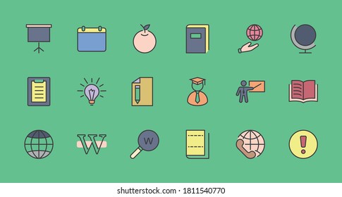 Icono de vector de línea de cumpleaños de Wikipedia. Contiene iconos como Wikipedia, Open Book, Teacher, Blackboard, Pointer, Web Globe, Directory, Search, Lamp, Calendar. Stroke editable. 32x32 Perfecto para píxeles