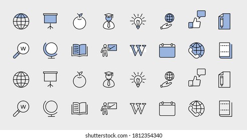 Wikipedia's birthday Set Line Vector Icon. Contains such Icons as Wikipedia, Open Book, Teacher, Blackboard, Pointer, Web Globe, Directory, Search, Lamp, Calendar. Editable Stroke. 32x32 Pixel Perfect