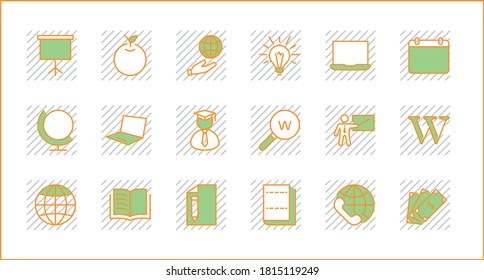 Wikipedia's birthday Set Line Vector Icon. Contains such Icons as Wikipedia, Open Book, Teacher, Blackboard, Pointer, Web Globe, Directory, Search, Lamp, Calendar. Editable Stroke. Pixel Perfect