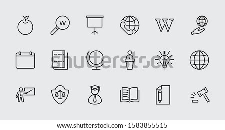 Wikipedia's birthday Set Line Vector Icon. Contains such Icons as Wikipedia, Open Book, Teacher, Blackboard, Pointer, Web Globe, Directory, Search, Lamp, Calendar. Editable Stroke. 32x32 Pixel Perfect