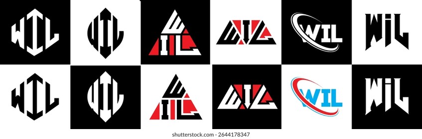 WIL letter logo design in six style. WIL polygon, circle, triangle, hexagon, flat and simple style with black and white color variation letter logo set in one artboard. WIL minimalist and classic logo
