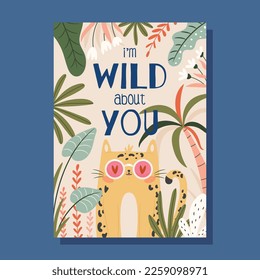 Wild about you. Cute cartoon cat in pink glasses. Valentine's day card. Vector Illustration