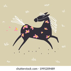 Wild abstract horse running in the field with flowers, scandinavian style doodle freehand animal monochrome hand drawn horse design. Vector hand drawn doodle design.
