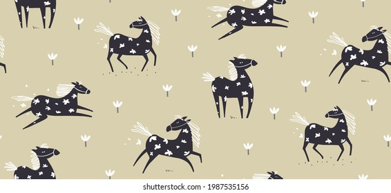 Wild abstract horse seamless pattern running in the field with flowers drawing, scandinavian style freehand animal doodle background. Vector hand drawn doodle design.