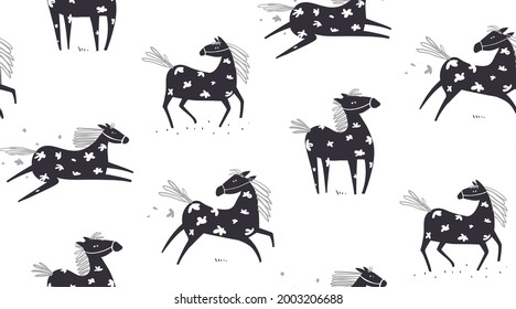 Wild abstract horse seamless pattern, horses running in the field with flowers on white, scandinavian style freehand animal doodle monochrome background. Vector hand drawn textile design.