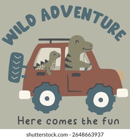 Wild adventure, Cartoon Dinosaur Roaming on the road with cute friends and Colorful Urban Background, here comes the fun , cute graphic for apparel t-shirts.